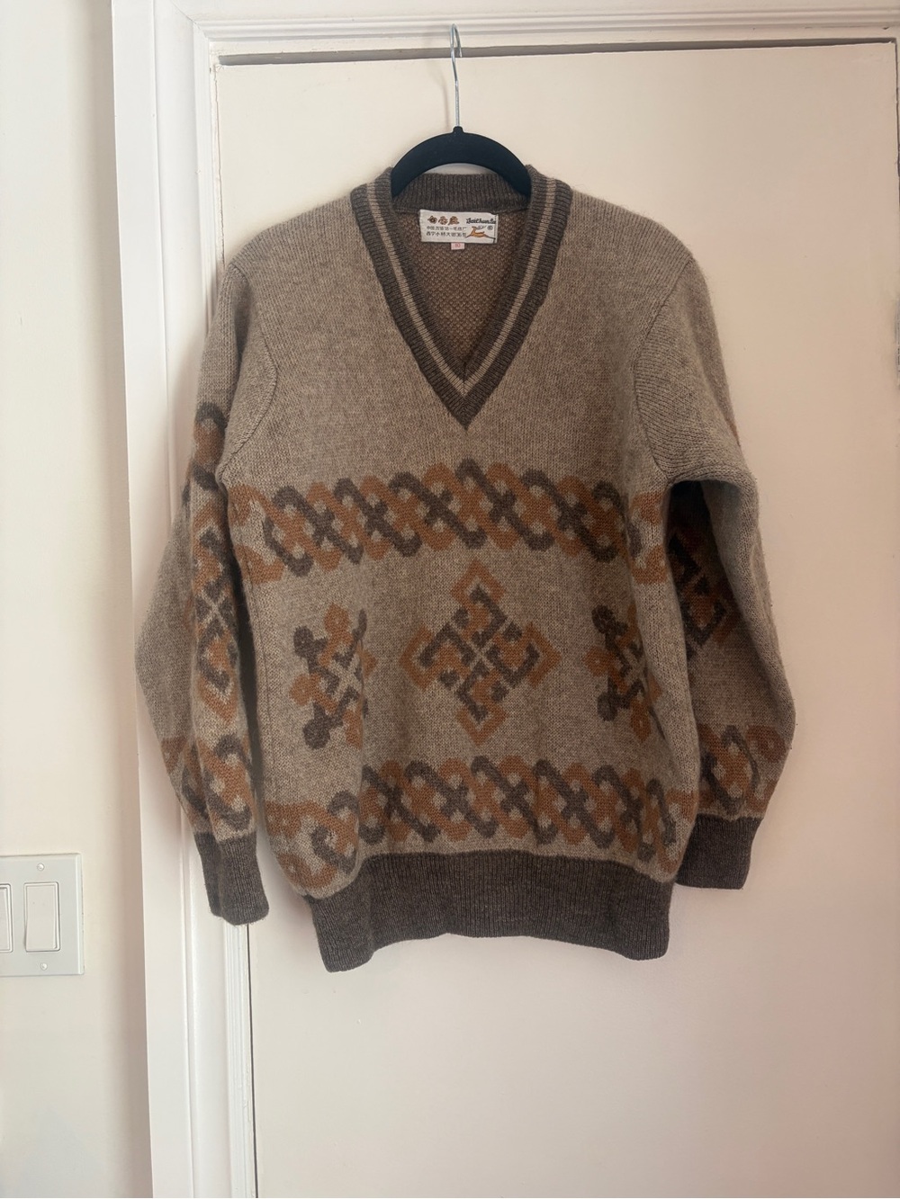 Men's V-Neck Patterned Wool Sweater - Beige and Brown design